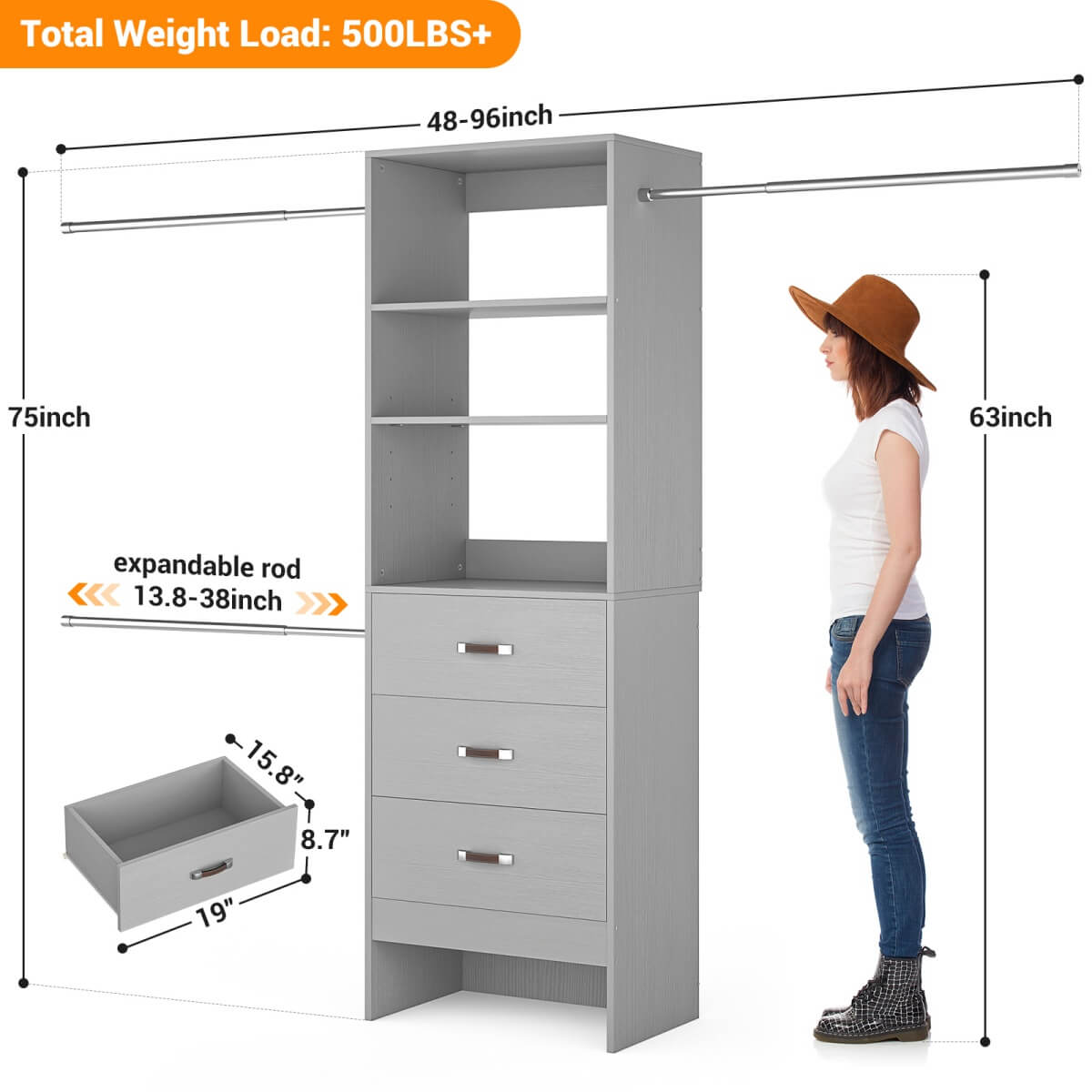 96'' Closet Organizer System with 3 Wooden Drawers and Hanging Rods