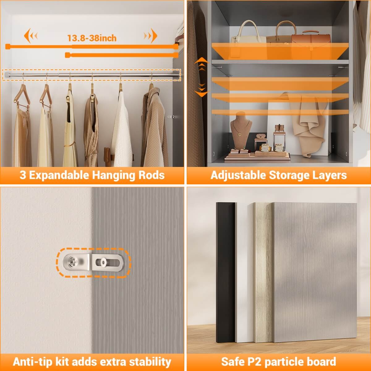 96'' Closet Organizer System with 3 Wooden Drawers and Hanging Rods
