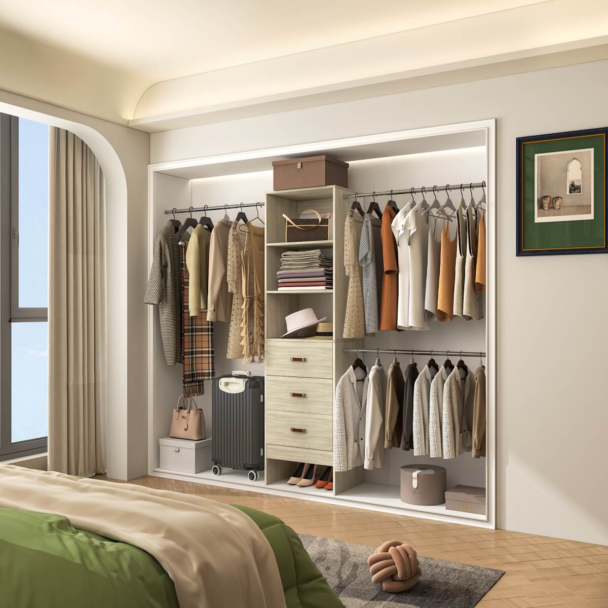 96'' Closet Organizer System with 3 Wooden Drawers and Hanging Rods