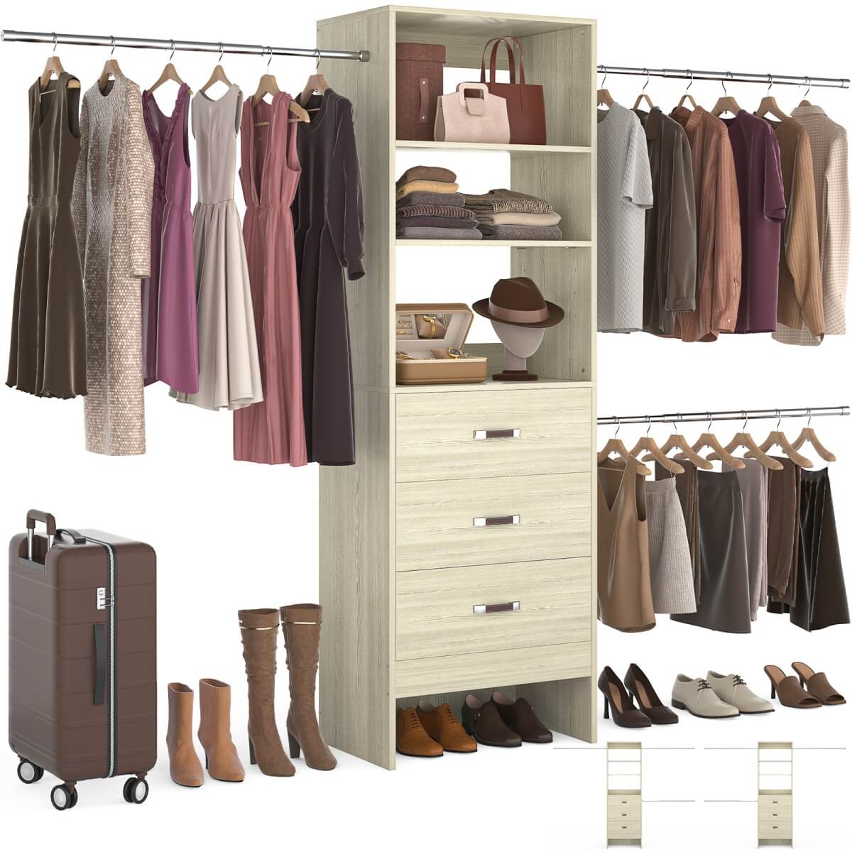 96'' Closet Organizer System with 3 Wooden Drawers and Hanging Rods