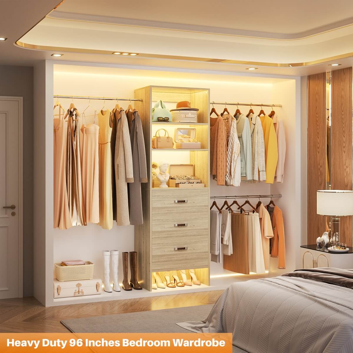 96'' Closet Organizer System with 3 Wooden Drawers and Hanging Rods
