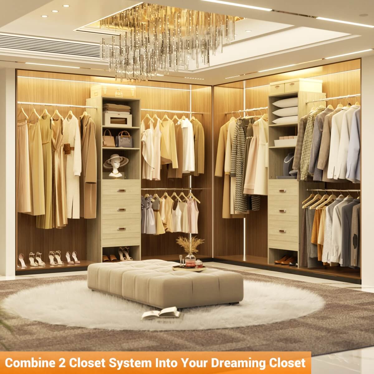 96'' Closet Organizer System with 3 Wooden Drawers and Hanging Rods
