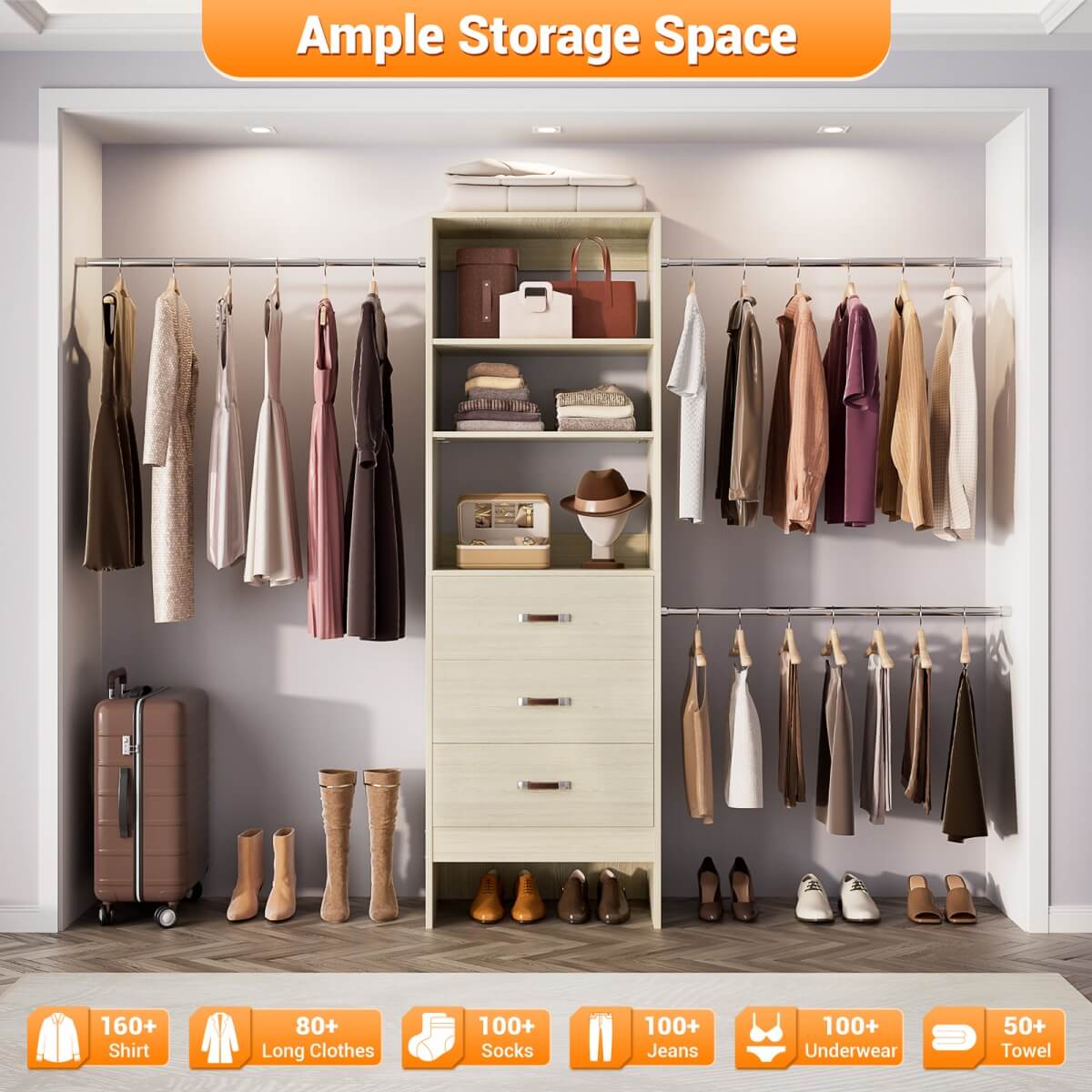 96'' Closet Organizer System with 3 Wooden Drawers and Hanging Rods