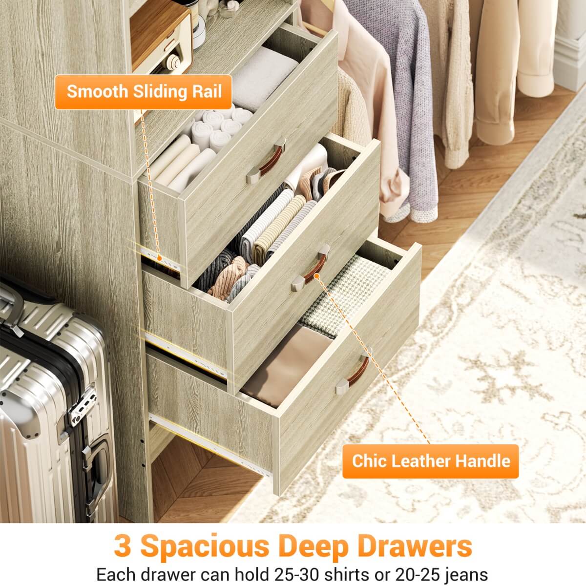 96'' Closet Organizer System with 3 Wooden Drawers and Hanging Rods
