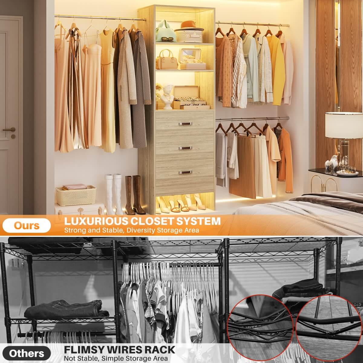 96'' Closet Organizer System with 3 Wooden Drawers and Hanging Rods