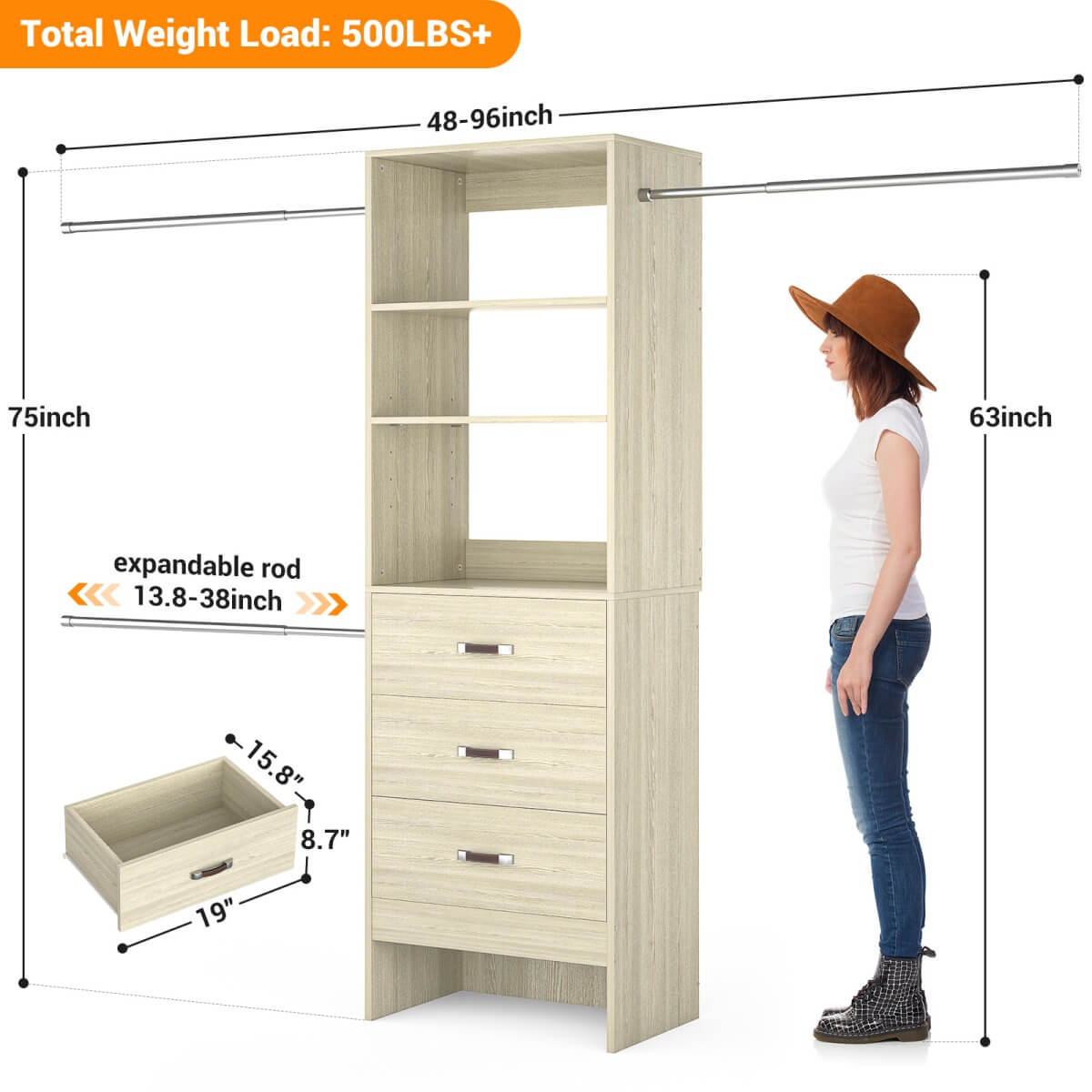 96'' Closet Organizer System with 3 Wooden Drawers and Hanging Rods