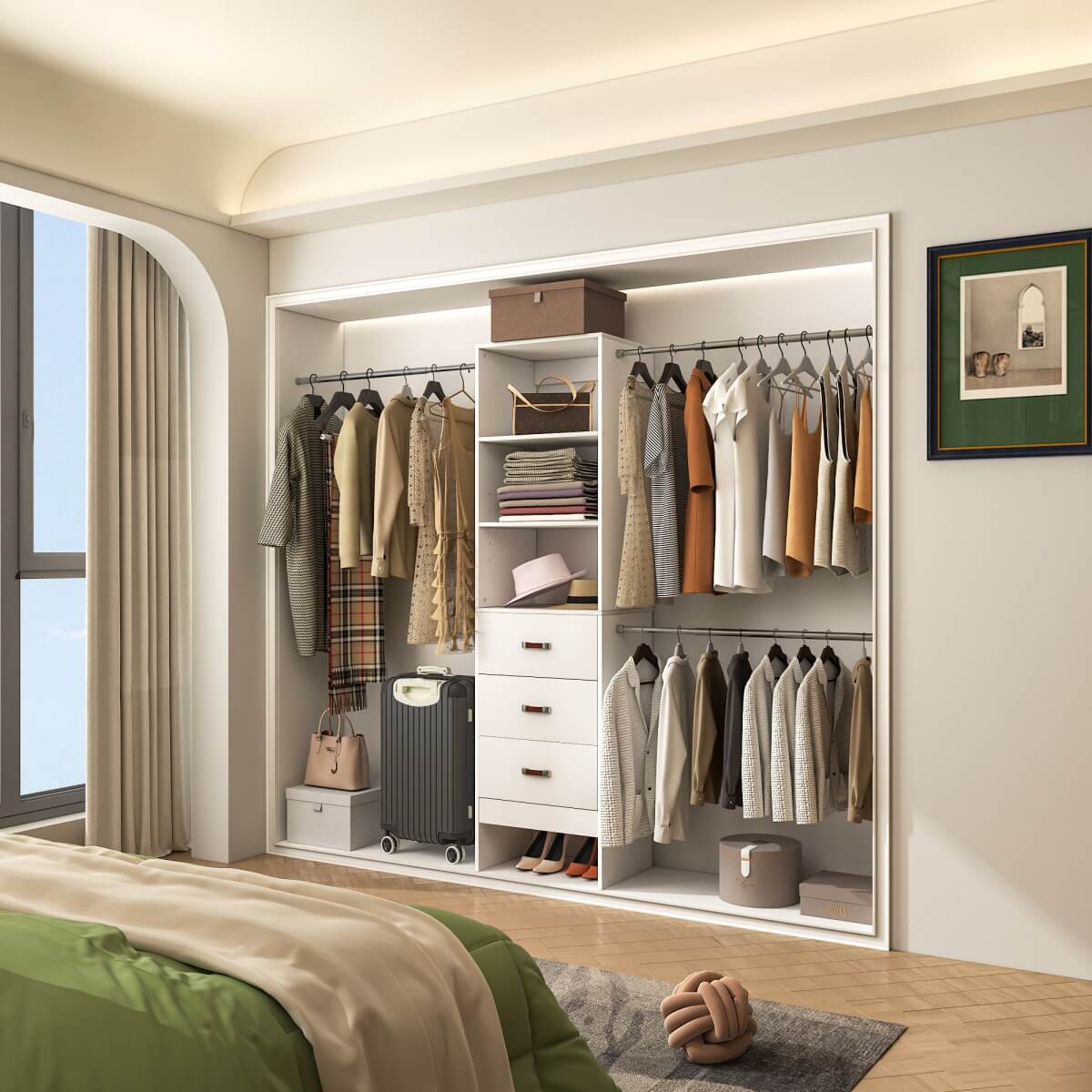 96'' Closet Organizer System with 3 Wooden Drawers and Hanging Rods