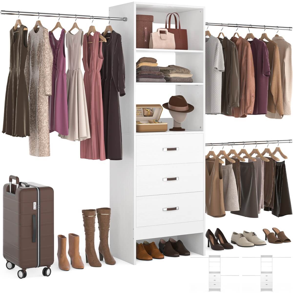 96'' Closet Organizer System with 3 Wooden Drawers and Hanging Rods