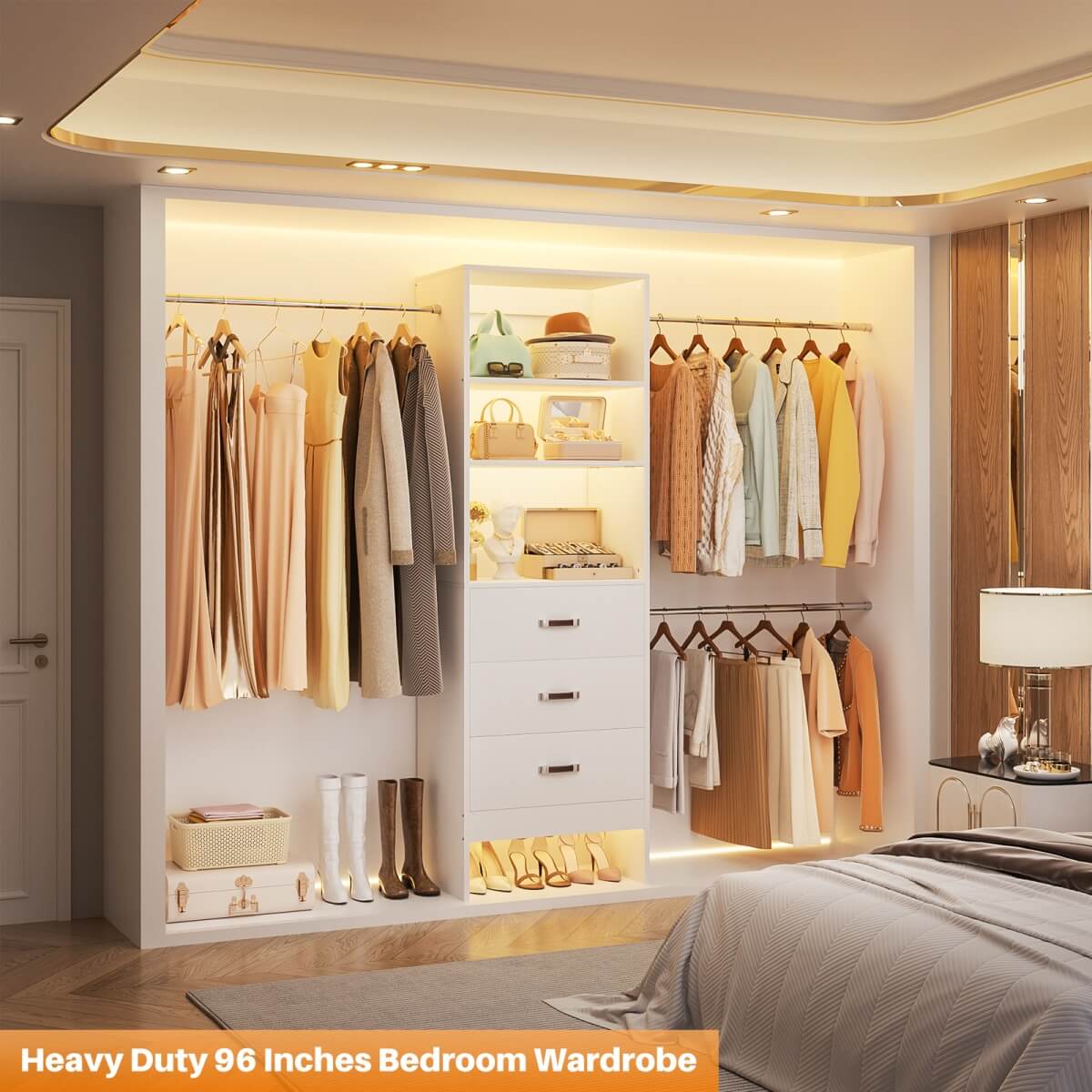 96'' Closet Organizer System with 3 Wooden Drawers and Hanging Rods