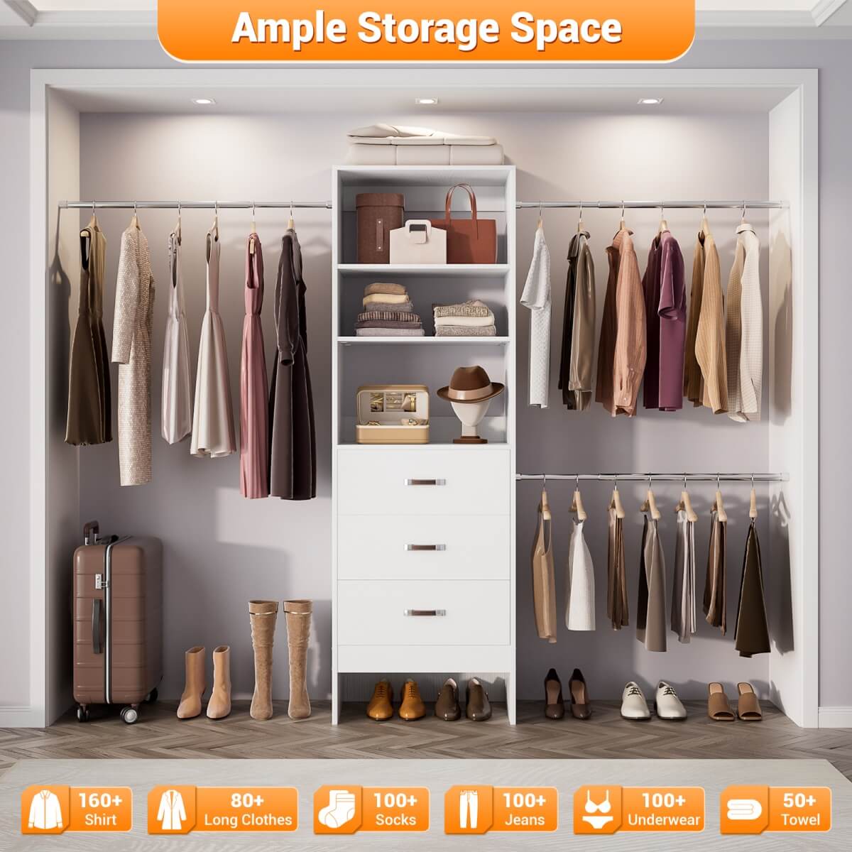 96'' Closet Organizer System with 3 Wooden Drawers and Hanging Rods