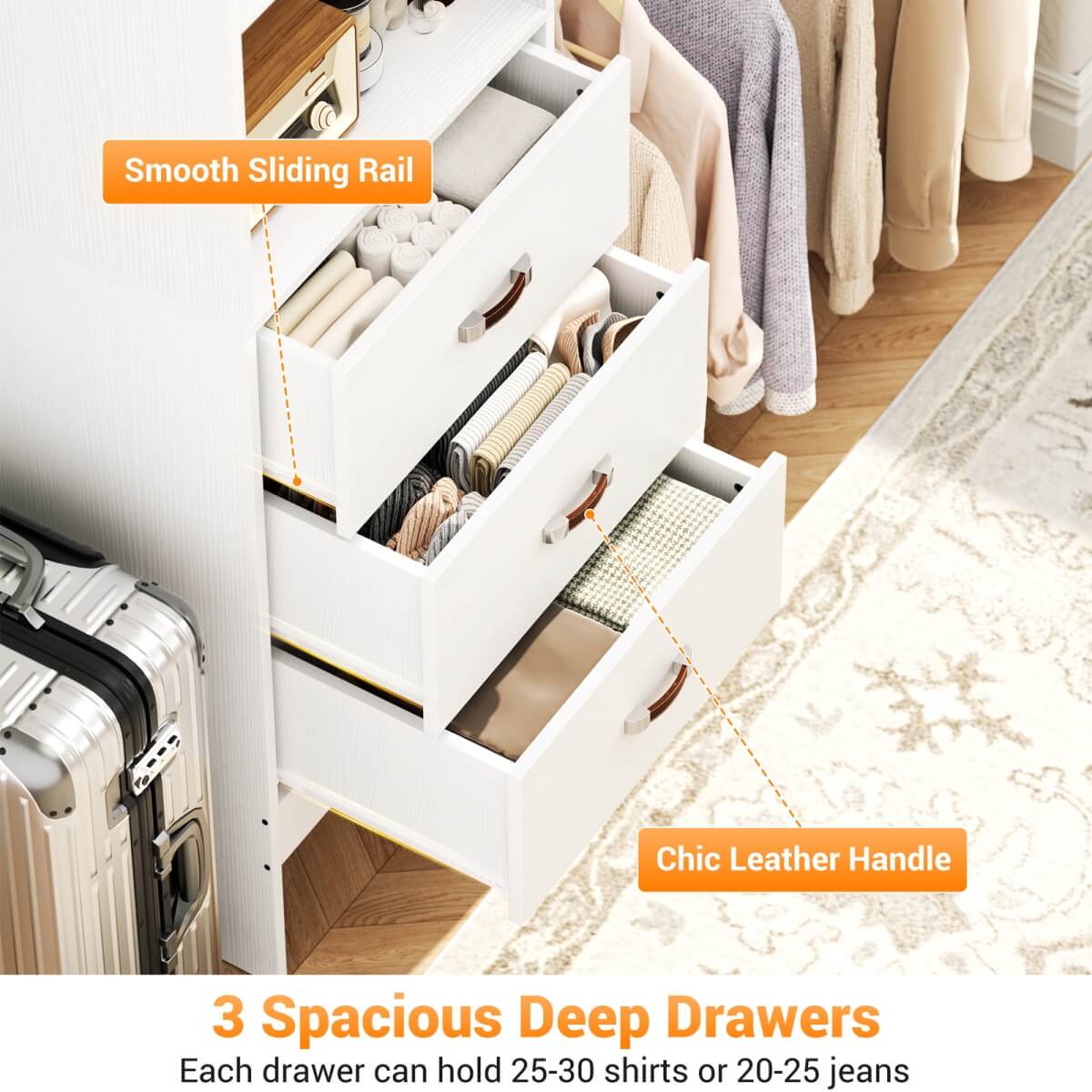 96'' Closet Organizer System with 3 Wooden Drawers and Hanging Rods