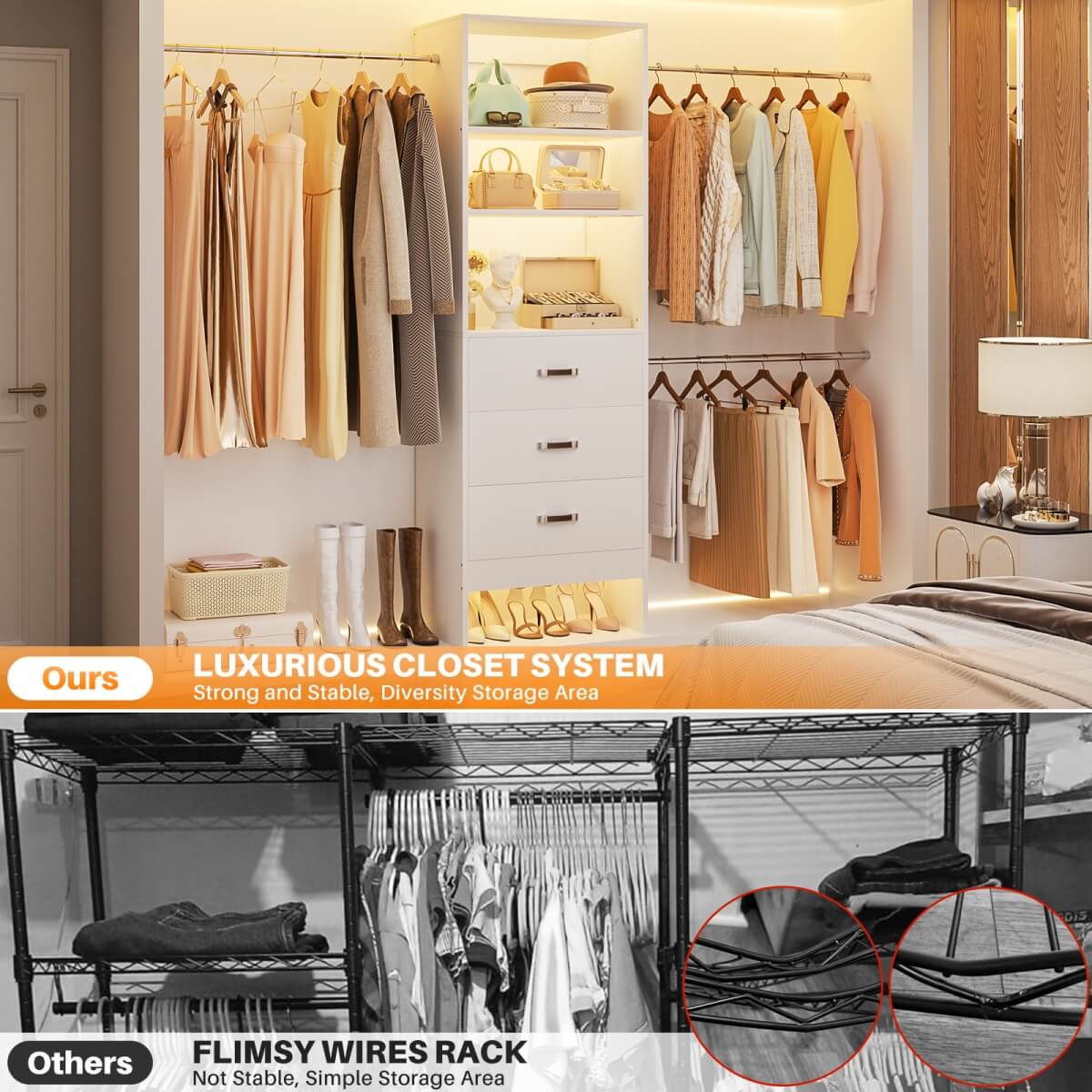 96'' Closet Organizer System with 3 Wooden Drawers and Hanging Rods