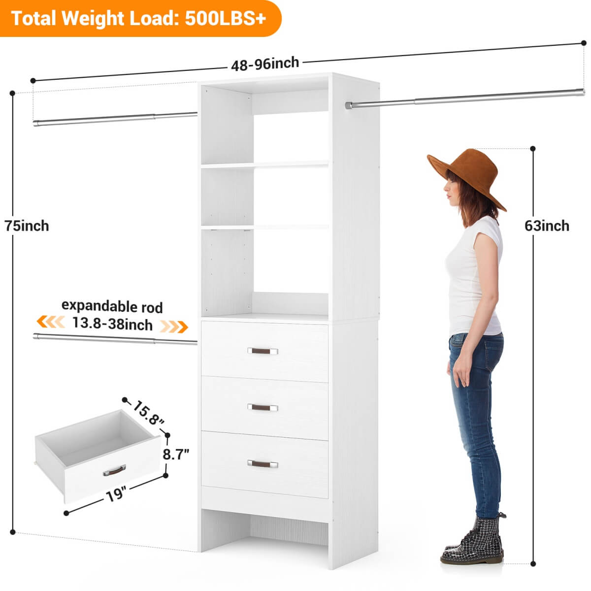 96'' Closet Organizer System with 3 Wooden Drawers and Hanging Rods