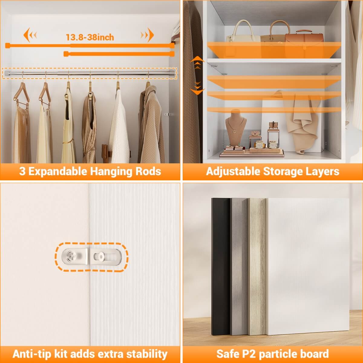 96'' Closet Organizer System with 3 Wooden Drawers and Hanging Rods