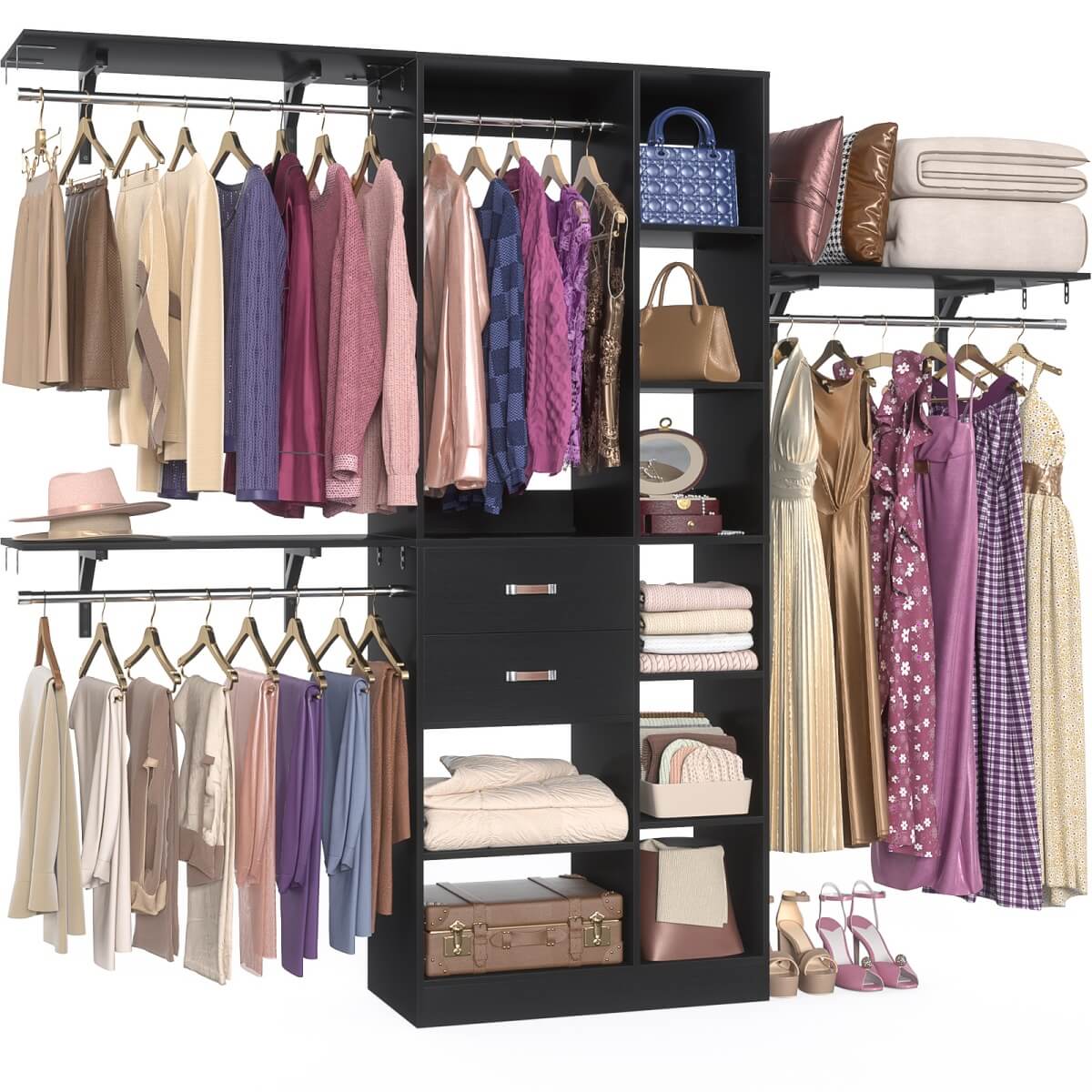 8FT Closet Organizer System with Partition Storage Spaces, Drawers, Shelves, Hanging Rods