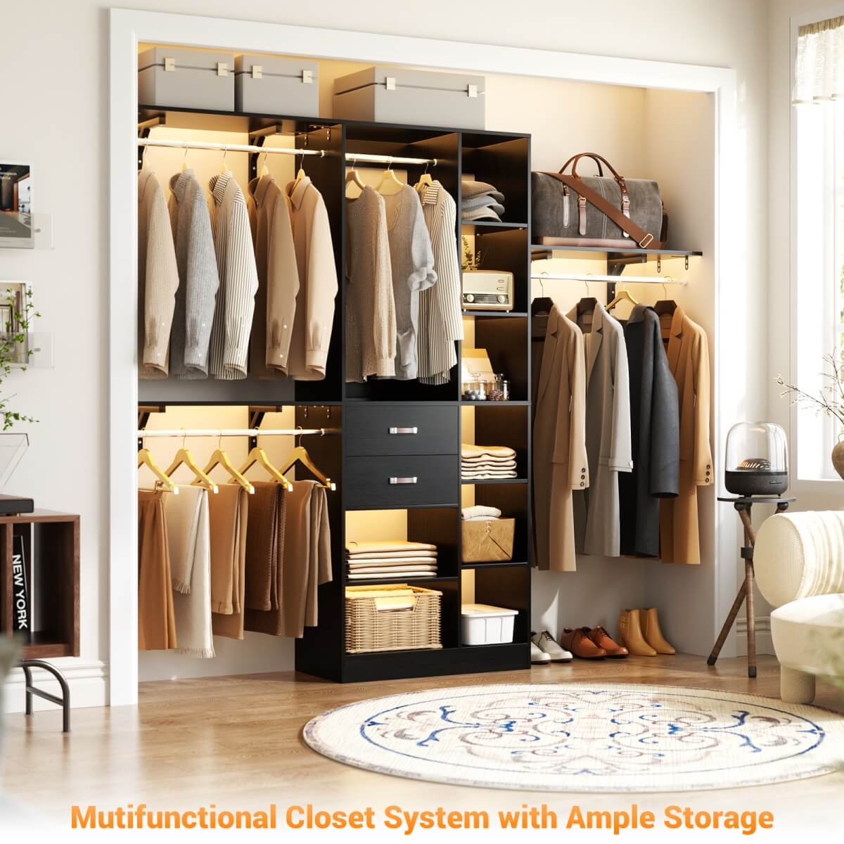 8FT Closet Organizer System with Partition Storage Spaces, Drawers, Shelves, Hanging Rods