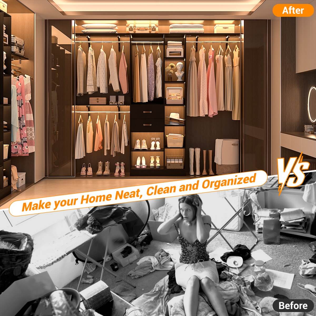8FT Closet Organizer System with Partition Storage Spaces, Drawers, Shelves, Hanging Rods