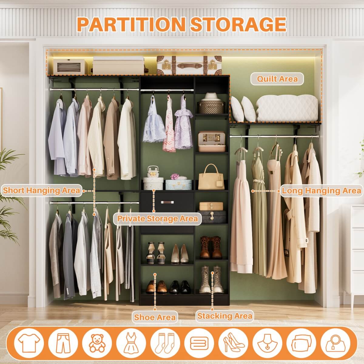 8FT Closet Organizer System with Partition Storage Spaces, Drawers, Shelves, Hanging Rods