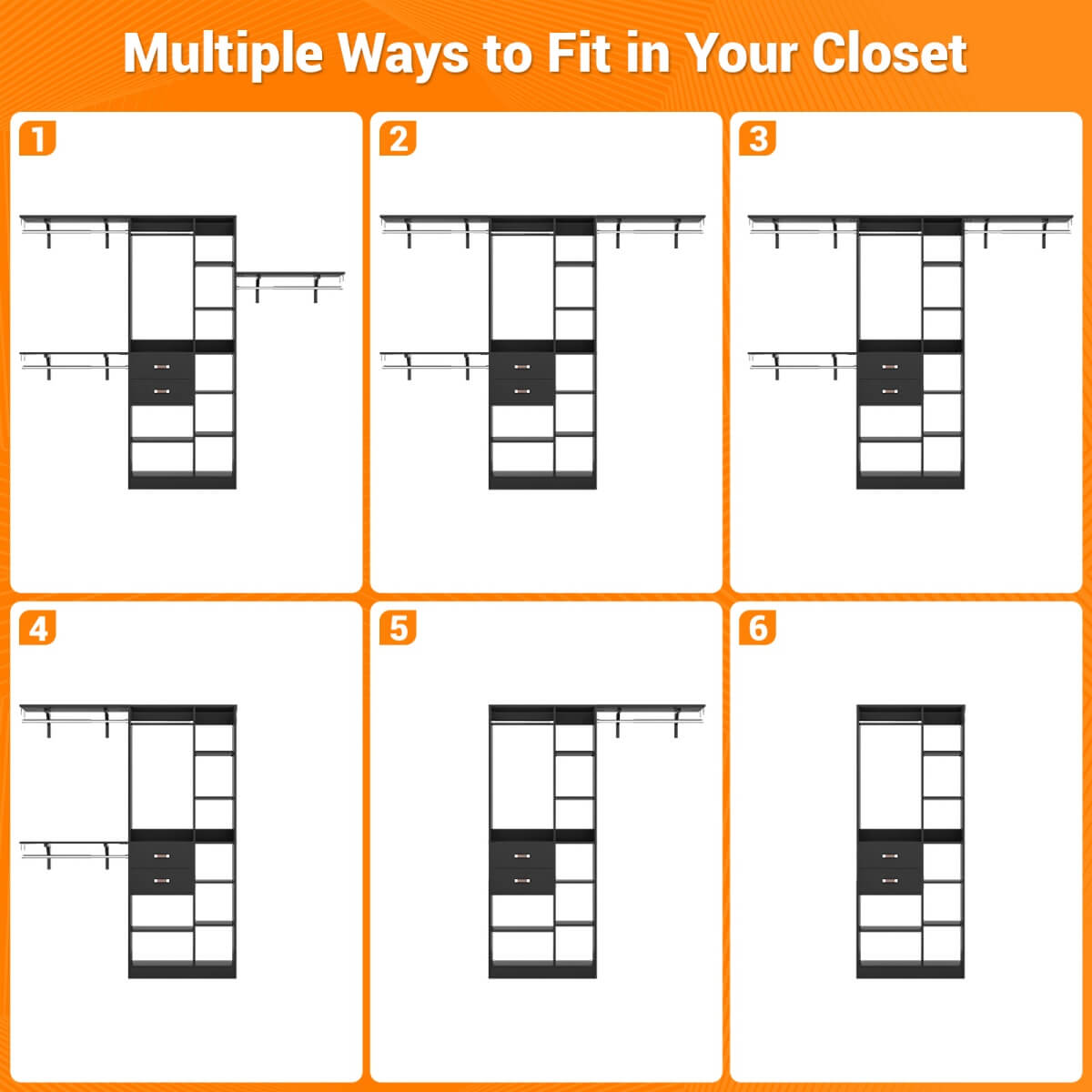 8FT Closet Organizer System with Partition Storage Spaces, Drawers, Shelves, Hanging Rods