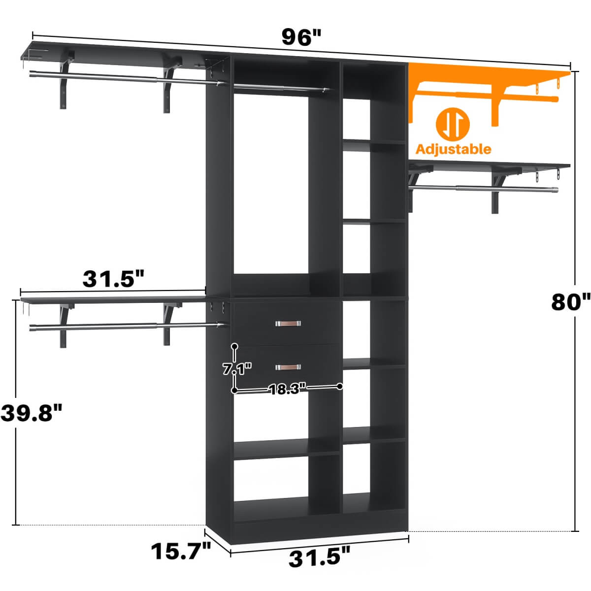 8FT Closet Organizer System with Partition Storage Spaces, Drawers, Shelves, Hanging Rods