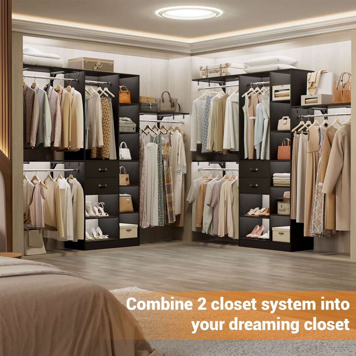 8FT Closet Organizer System with Partition Storage Spaces, Drawers, Shelves, Hanging Rods