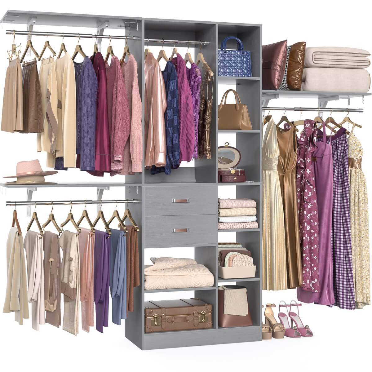 8FT Closet Organizer System with Partition Storage Spaces, Drawers, Shelves, Hanging Rods