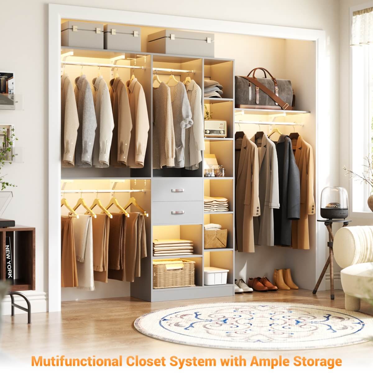 8FT Closet Organizer System with Partition Storage Spaces, Drawers, Shelves, Hanging Rods