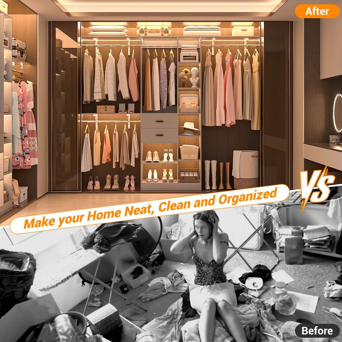 8FT Closet Organizer System with Partition Storage Spaces, Drawers, Shelves, Hanging Rods