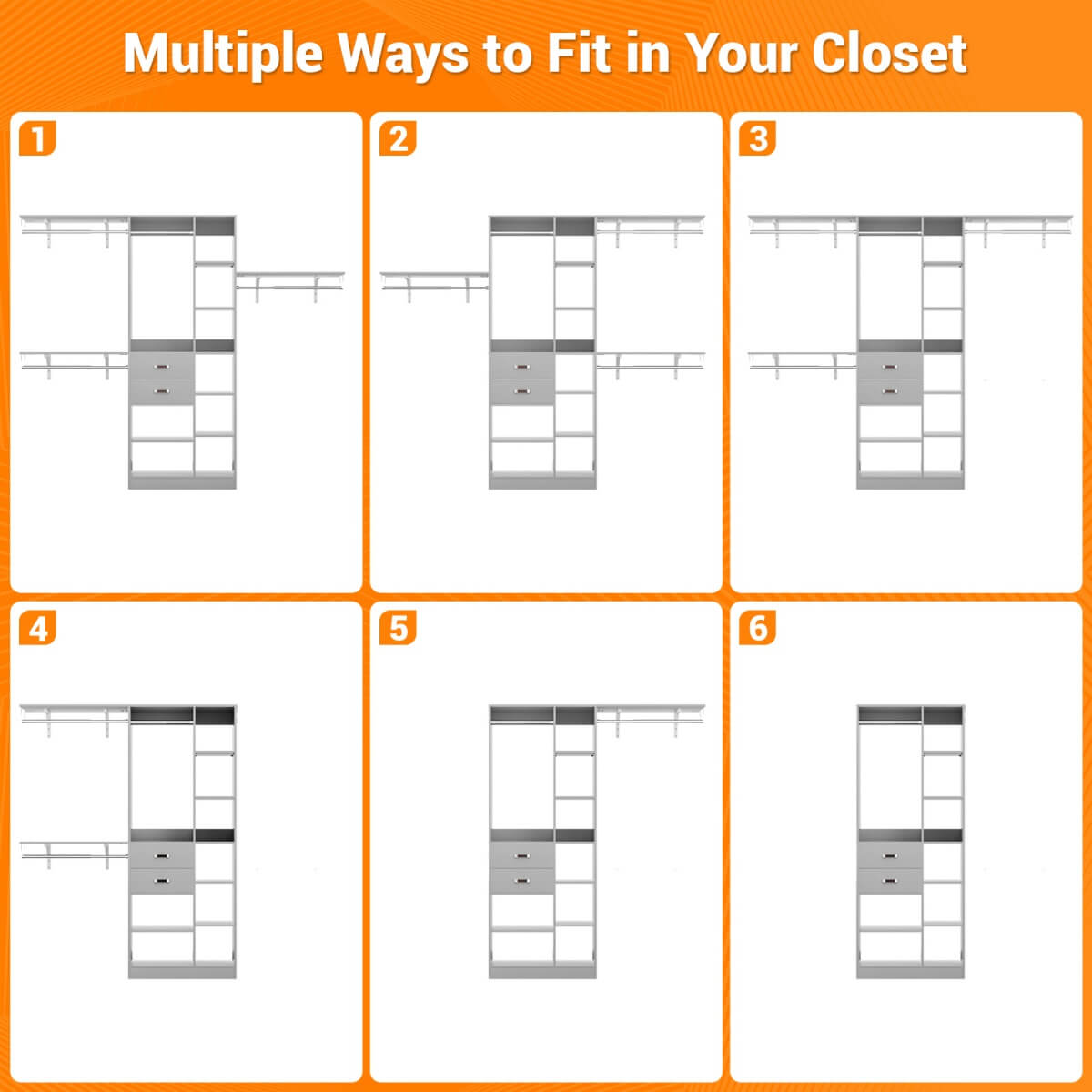 8FT Closet Organizer System with Partition Storage Spaces, Drawers, Shelves, Hanging Rods