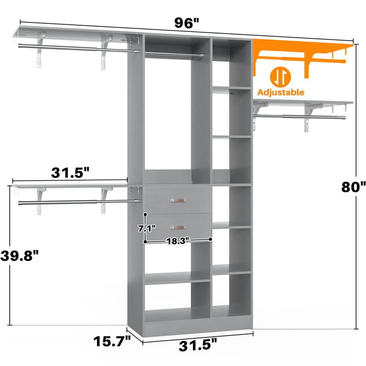 8FT Closet Organizer System with Partition Storage Spaces, Drawers, Shelves, Hanging Rods