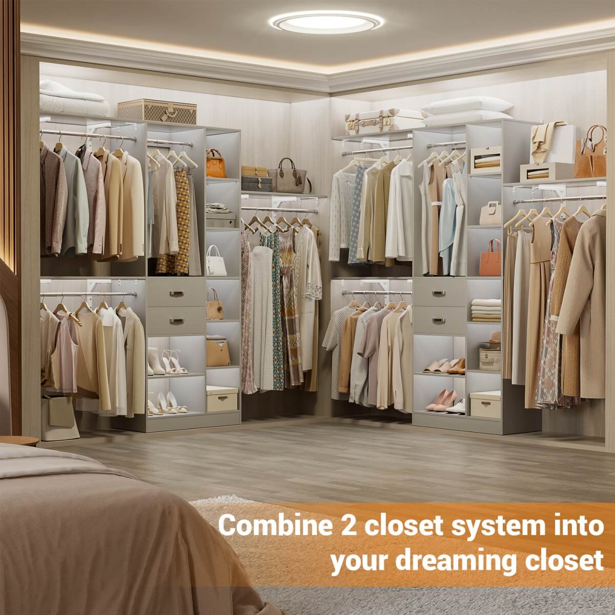 8FT Closet Organizer System with Partition Storage Spaces, Drawers, Shelves, Hanging Rods