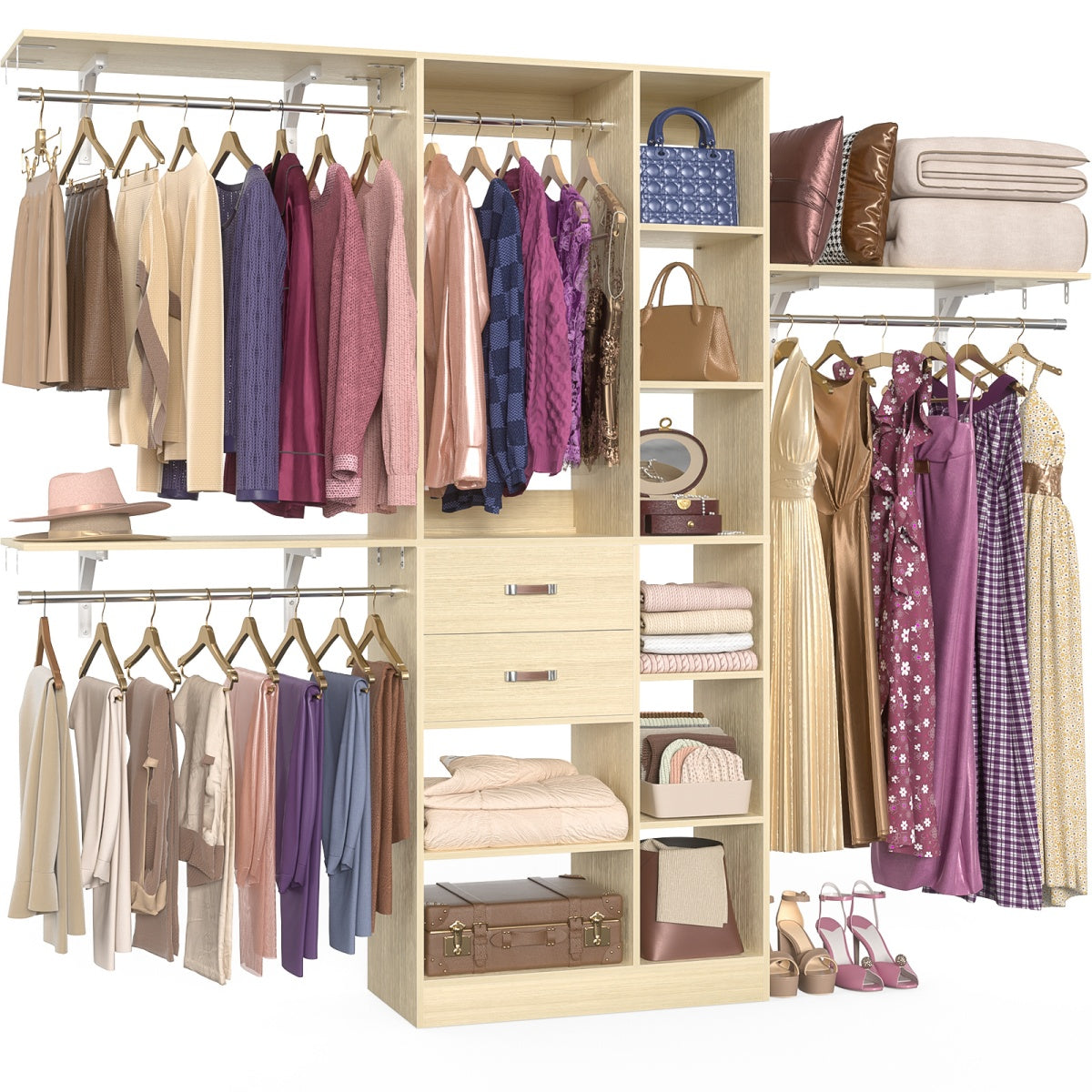 8FT Closet Organizer System with Partition Storage Spaces, Drawers, Shelves, Hanging Rods