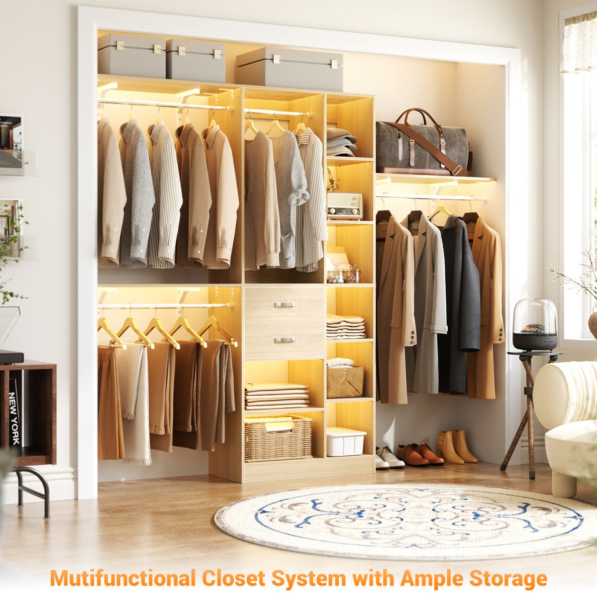 8FT Closet Organizer System with Partition Storage Spaces, Drawers, Shelves, Hanging Rods