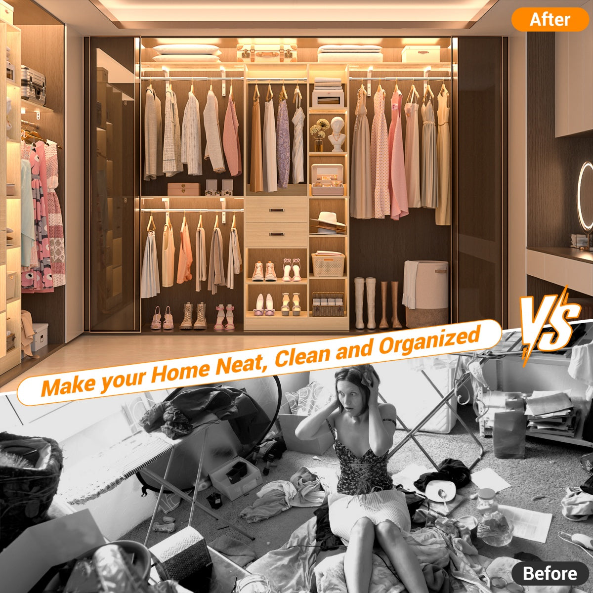 8FT Closet Organizer System with Partition Storage Spaces, Drawers, Shelves, Hanging Rods