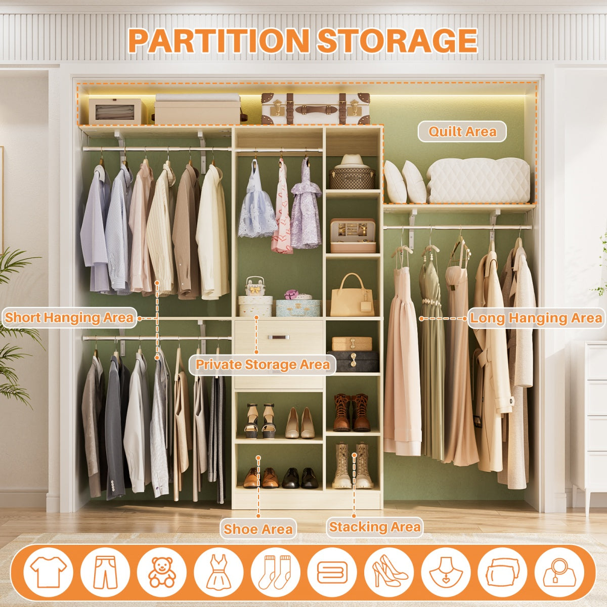 8FT Closet Organizer System with Partition Storage Spaces, Drawers, Shelves, Hanging Rods