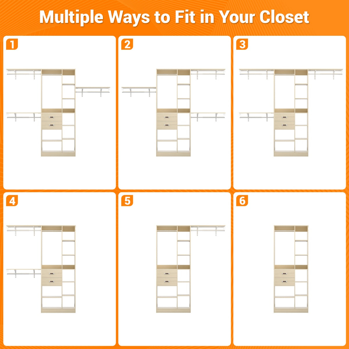 8FT Closet Organizer System with Partition Storage Spaces, Drawers, Shelves, Hanging Rods