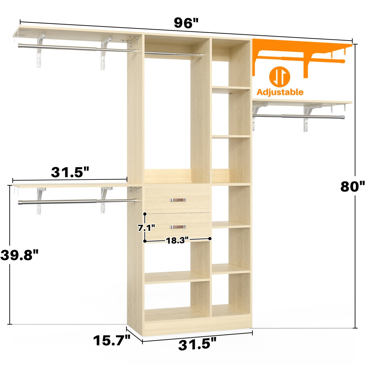 8FT Closet Organizer System with Partition Storage Spaces, Drawers, Shelves, Hanging Rods