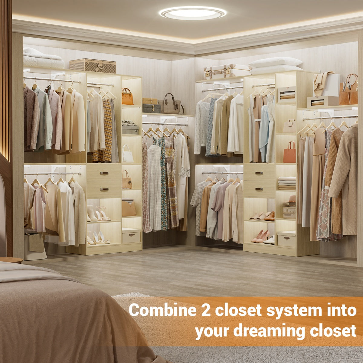 8FT Closet Organizer System with Partition Storage Spaces, Drawers, Shelves, Hanging Rods
