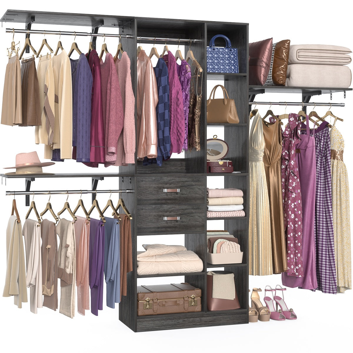 8FT Closet Organizer System with Partition Storage Spaces, Drawers, Shelves, Hanging Rods