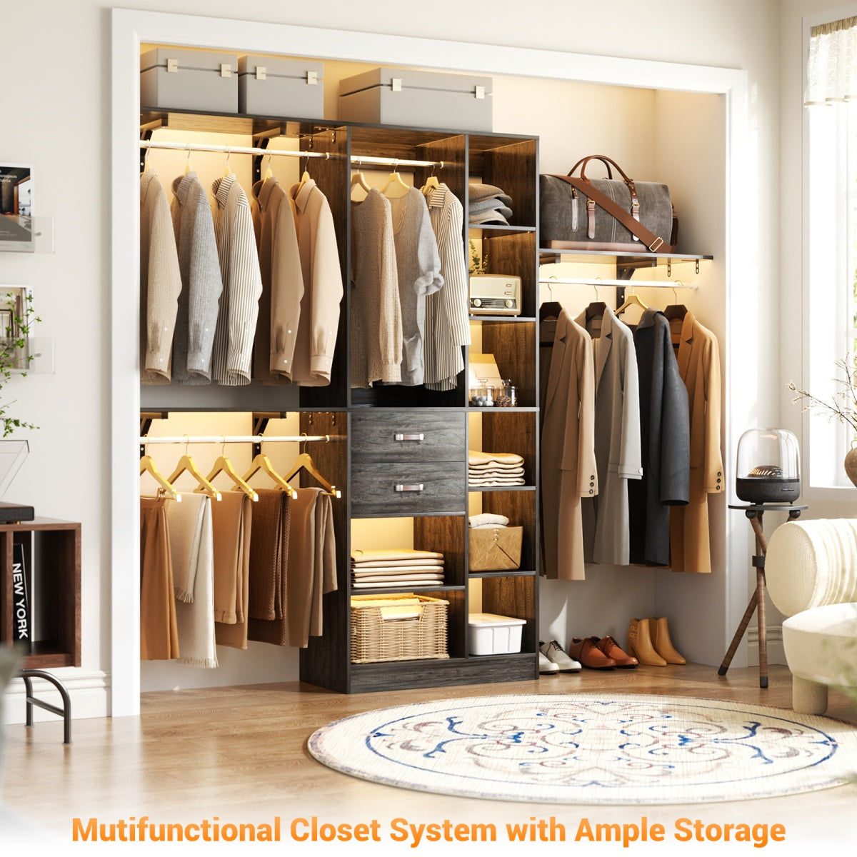 8FT Closet Organizer System with Partition Storage Spaces, Drawers, Shelves, Hanging Rods