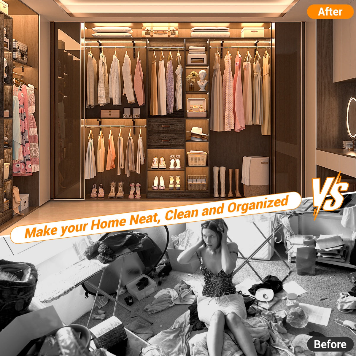 8FT Closet Organizer System with Partition Storage Spaces, Drawers, Shelves, Hanging Rods