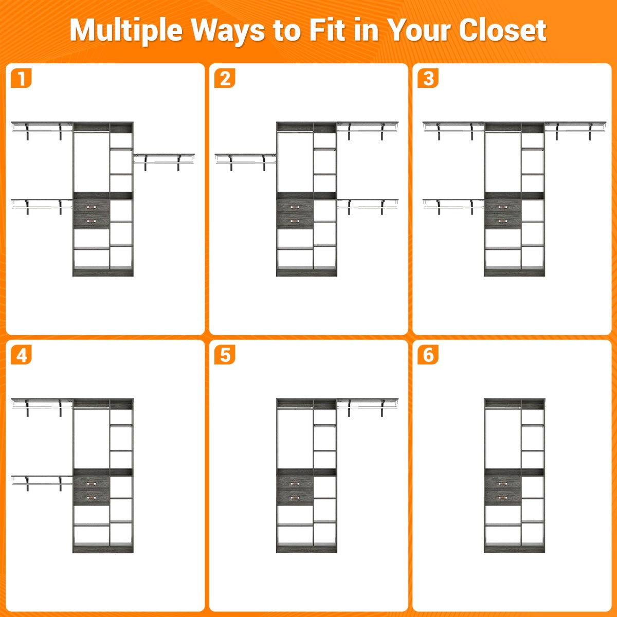 8FT Closet Organizer System with Partition Storage Spaces, Drawers, Shelves, Hanging Rods