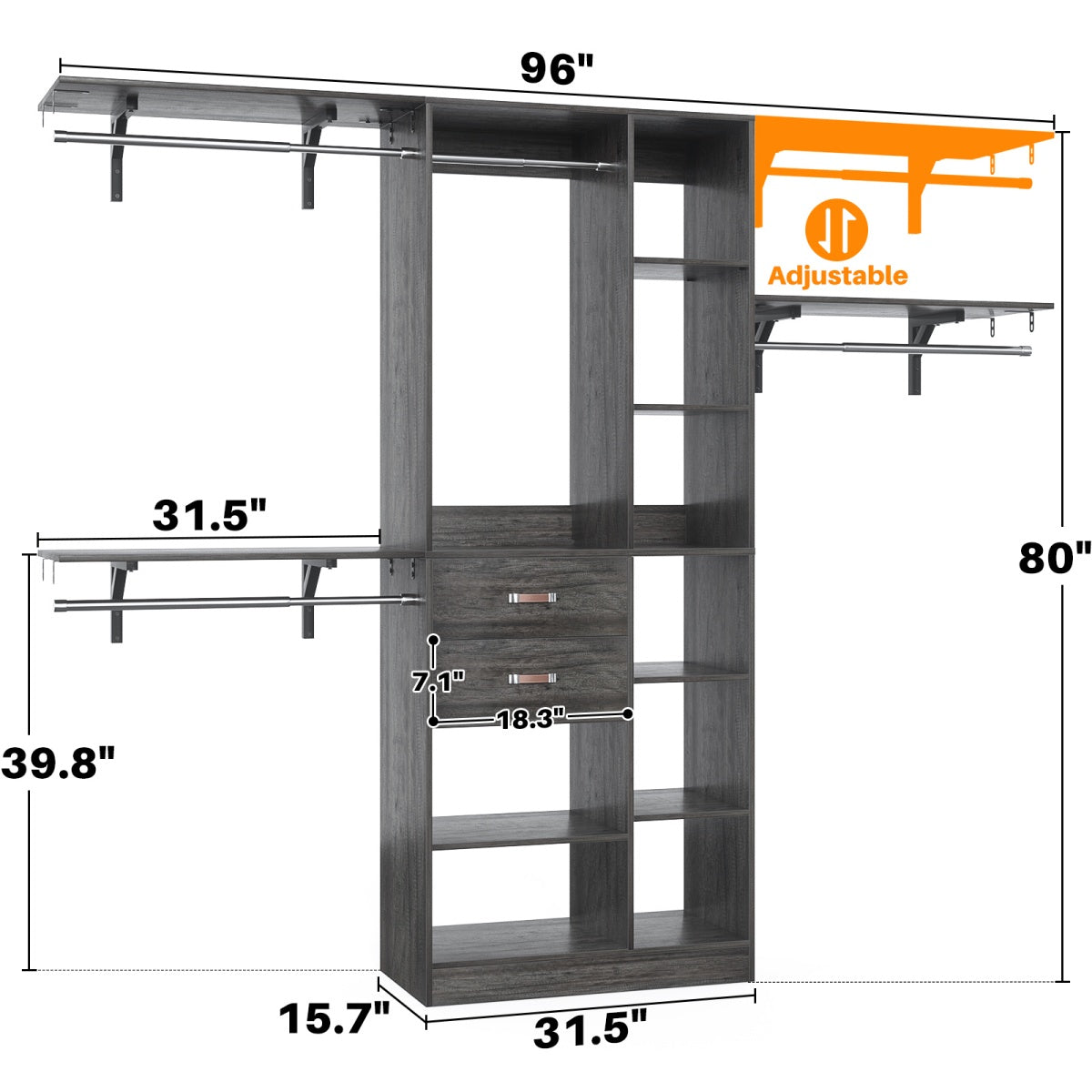 8FT Closet Organizer System with Partition Storage Spaces, Drawers, Shelves, Hanging Rods