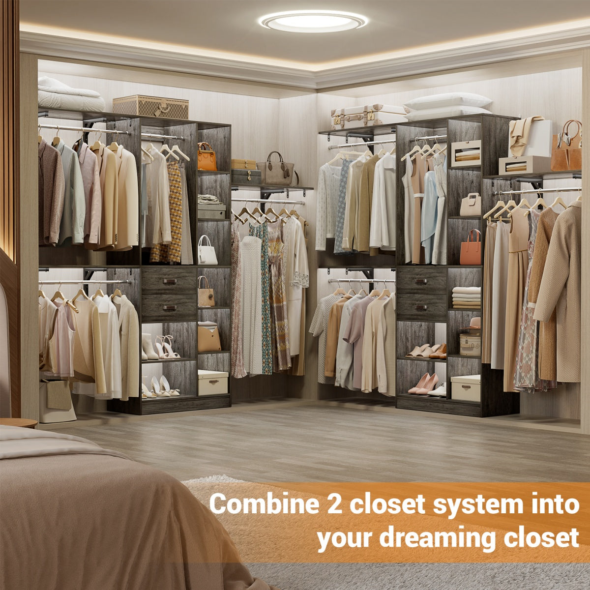 8FT Closet Organizer System with Partition Storage Spaces, Drawers, Shelves, Hanging Rods