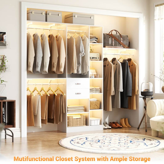 8FT Closet Organizer System with Partition Storage Spaces, Drawers, Shelves, Hanging Rods
