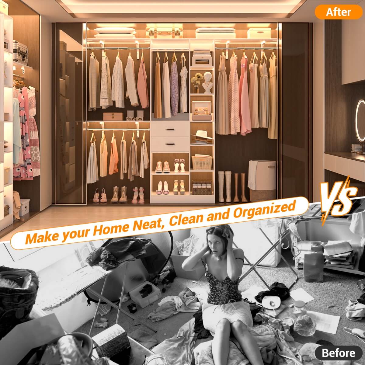 8FT Closet Organizer System with Partition Storage Spaces, Drawers, Shelves, Hanging Rods