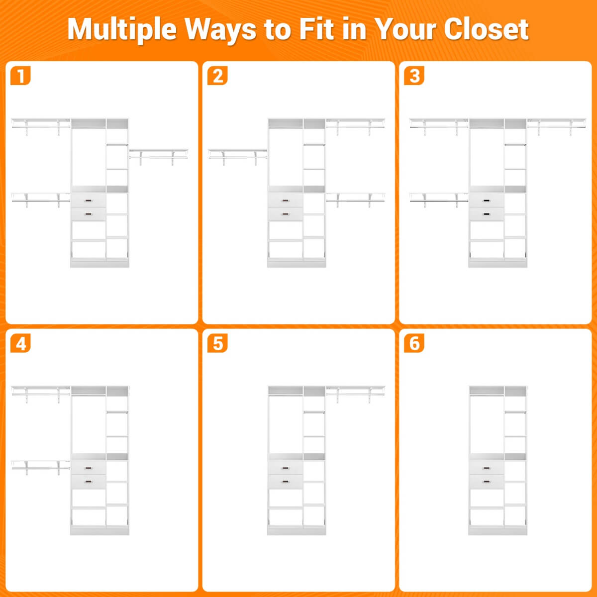 8FT Closet Organizer System with Partition Storage Spaces, Drawers, Shelves, Hanging Rods