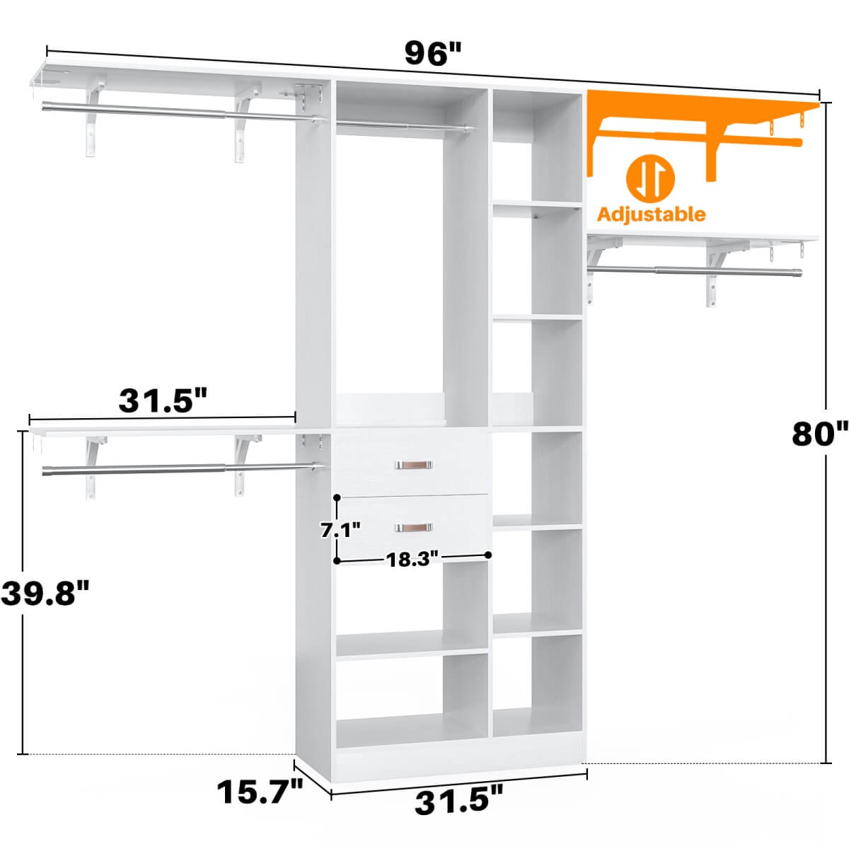 8FT Closet Organizer System with Partition Storage Spaces, Drawers, Shelves, Hanging Rods