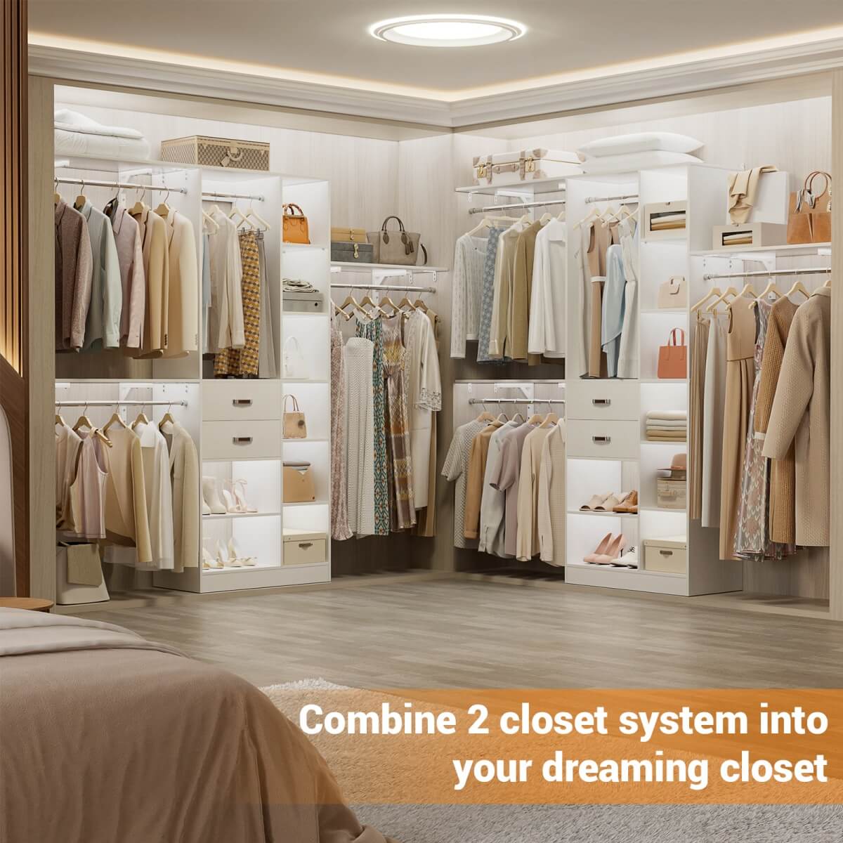 8FT Closet Organizer System with Partition Storage Spaces, Drawers, Shelves, Hanging Rods