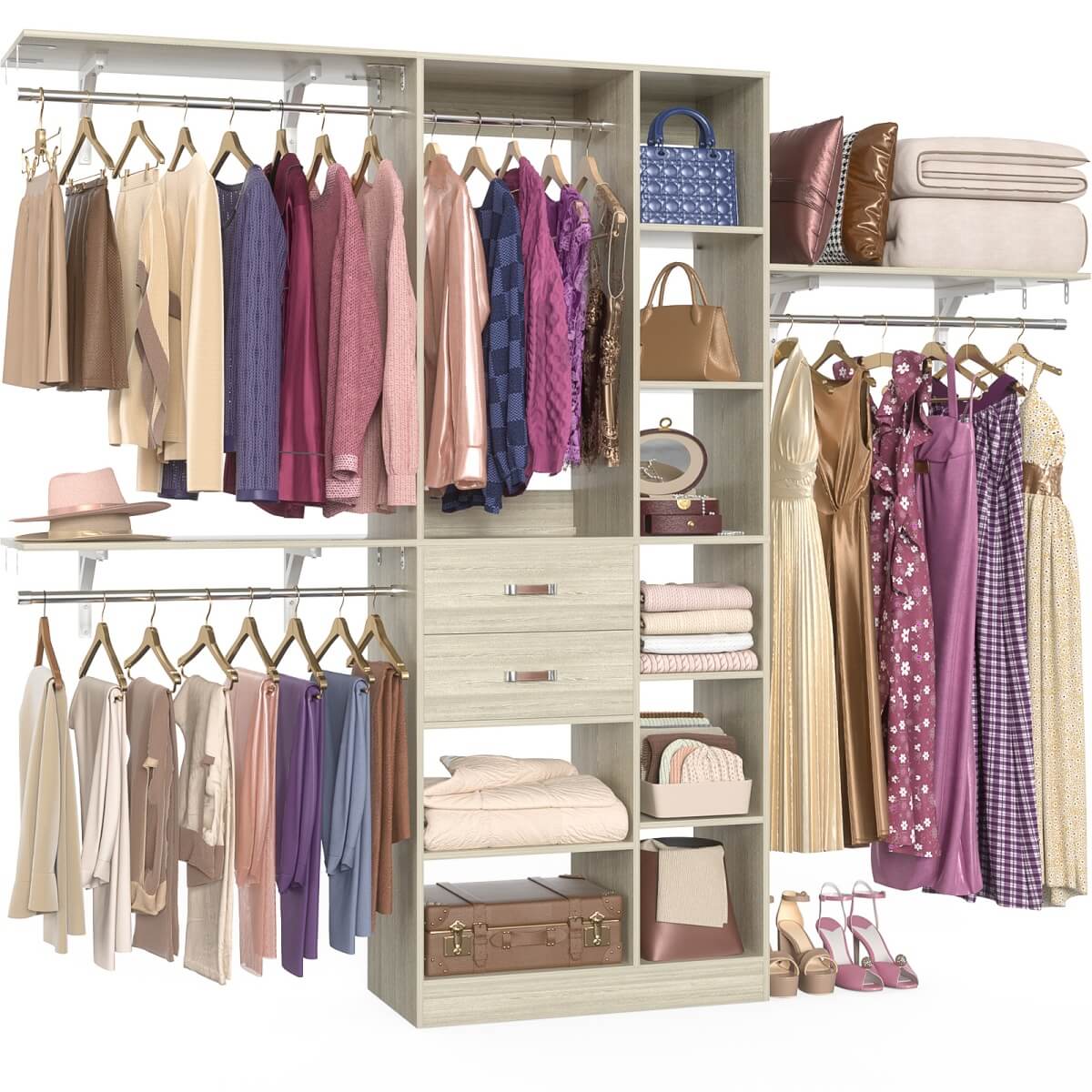 8FT Closet Organizer System with Partition Storage Spaces, Drawers, Shelves, Hanging Rods